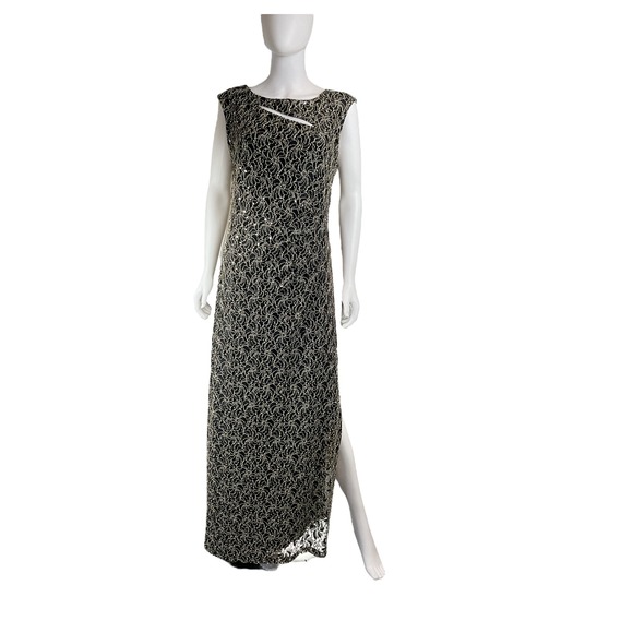 Elegant Black & Gold Sequin Lace Maxi Dress Sleeveless Evening Gown - Picture 1 of 9